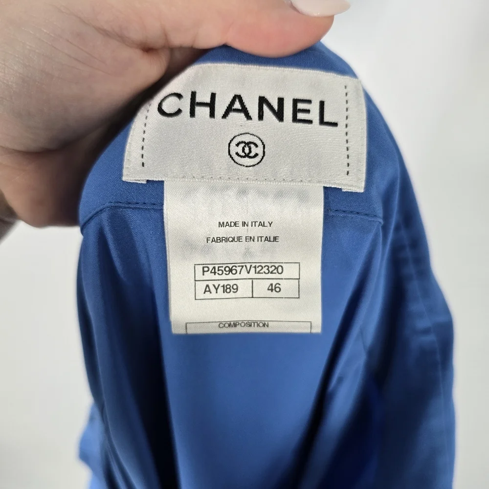 Chanel Blue Pleated Silk Shirt Pearl Buttons Size 46 US 10